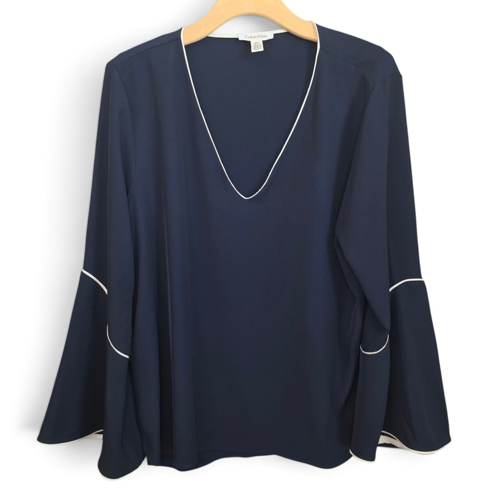 Calvin Klein Blouse Womens XL Navy Blue Bell Sleeve V Neck White Piping Top Work